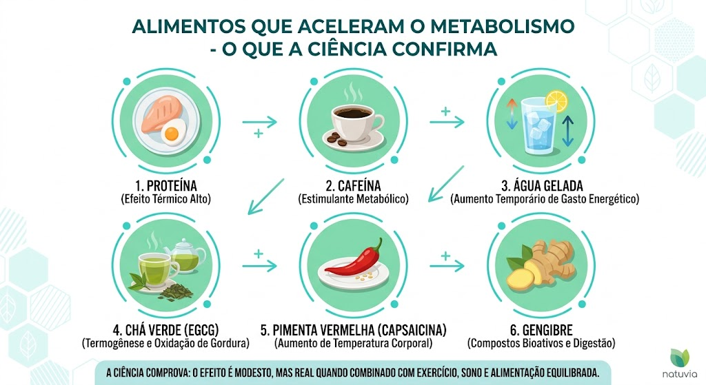 infográfico com alimentos que aceleram o metabolismo confirmados pela ciência