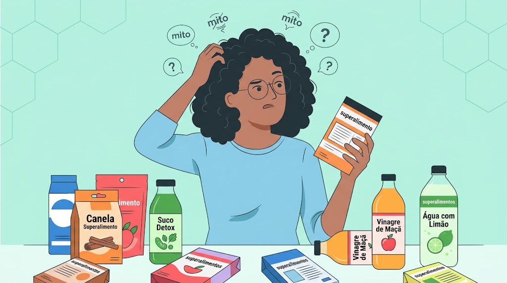 ilustração sobre mitos dos alimentos que aceleram o metabolismo e termogeônicos sem evidência
