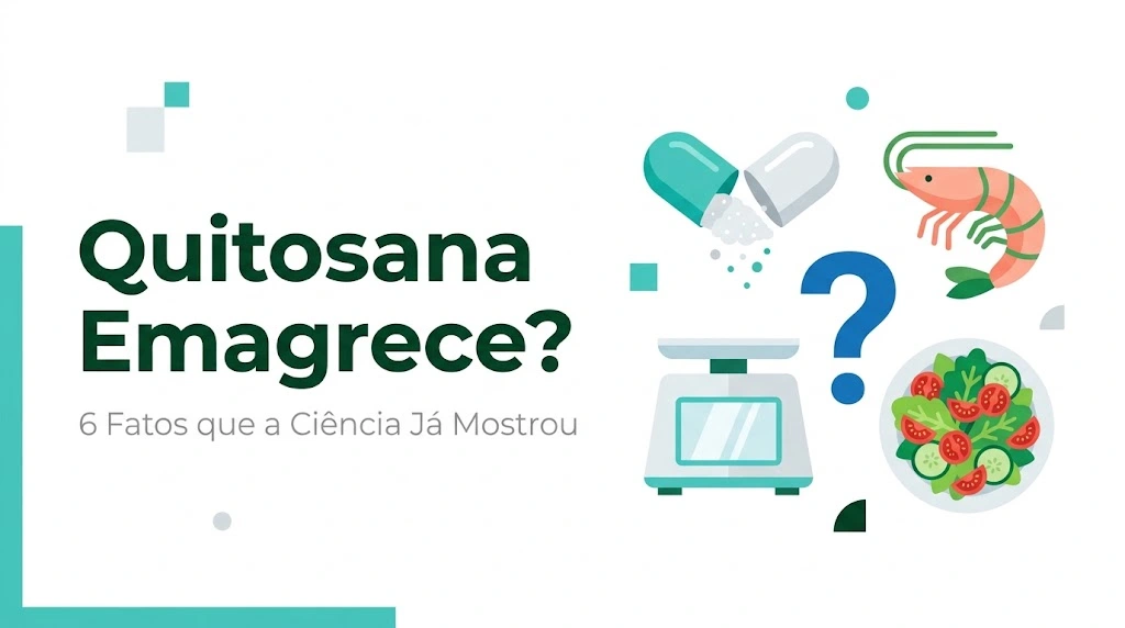 quitosana emagrece? ilustração flat com cápsula, casca de camarão e balança