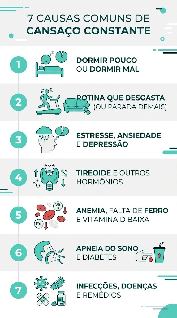 infográfico com 7 causas comuns de cansaço constante