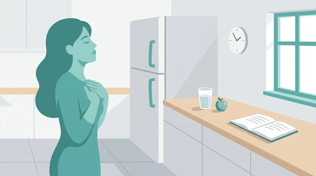 ilustração de pessoa respirando fundo na cozinha em vez de comer por ansiedade