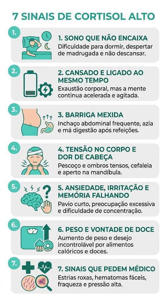 infográfico com os 7 sinais de cortisol alto no corpo