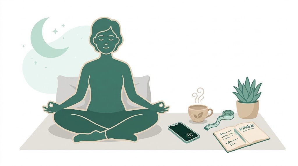 ilustração de pessoa relaxando com respiração e rotina de sono para reduzir cortisol alto