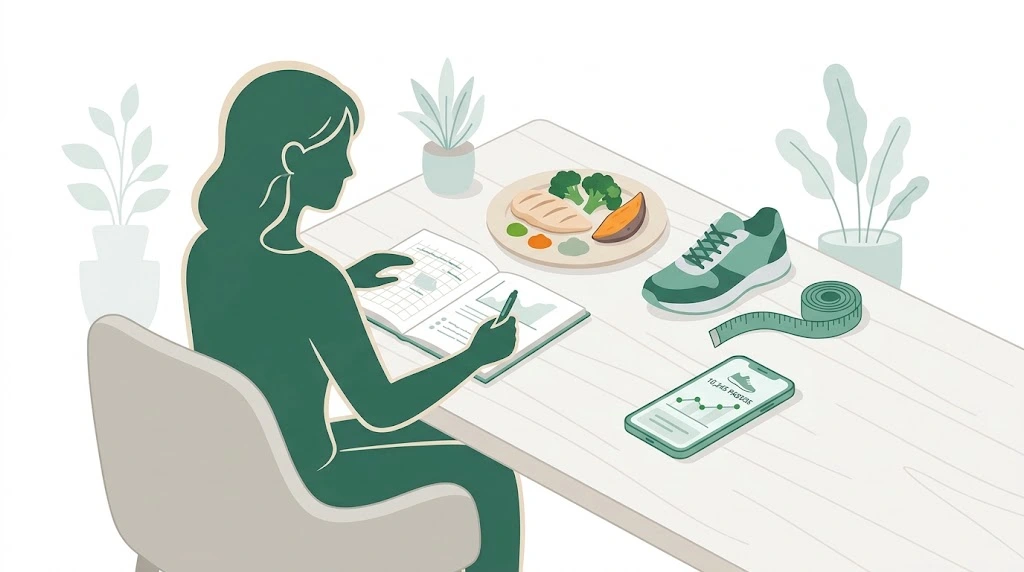 ilustração de pessoa registrando refeições e treino para entender o platô no emagrecimento
