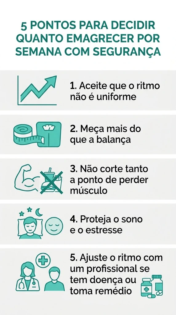 infográfico com 5 pontos sobre quanto emagrecer por semana com segurança