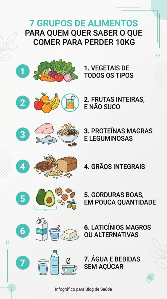 infográfico com 7 grupos de alimentos sobre o que comer para perder 10kg