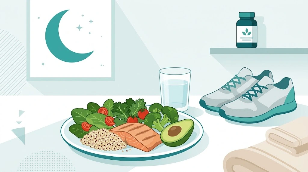 ilustração de prato equilibrado, copo d'água e tênis, hábitos que pesam mais que a quitosana