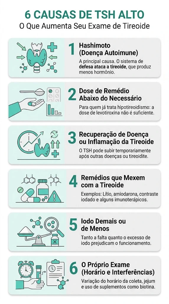 infográfico com 6 causas de tsh alto no exame de tireoide