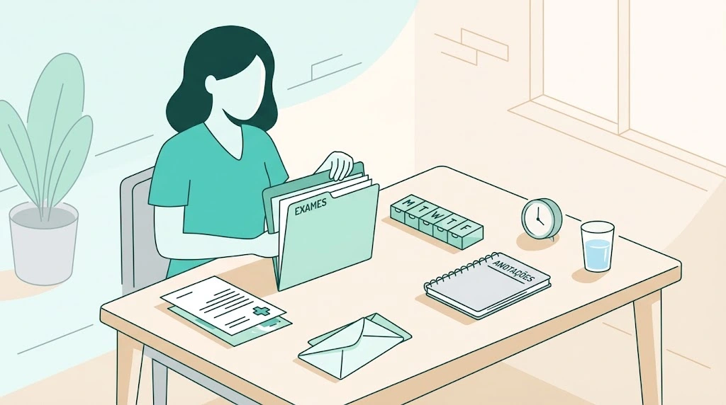 ilustração de pessoa organizando exames e remédios antes da consulta sobre tsh alto