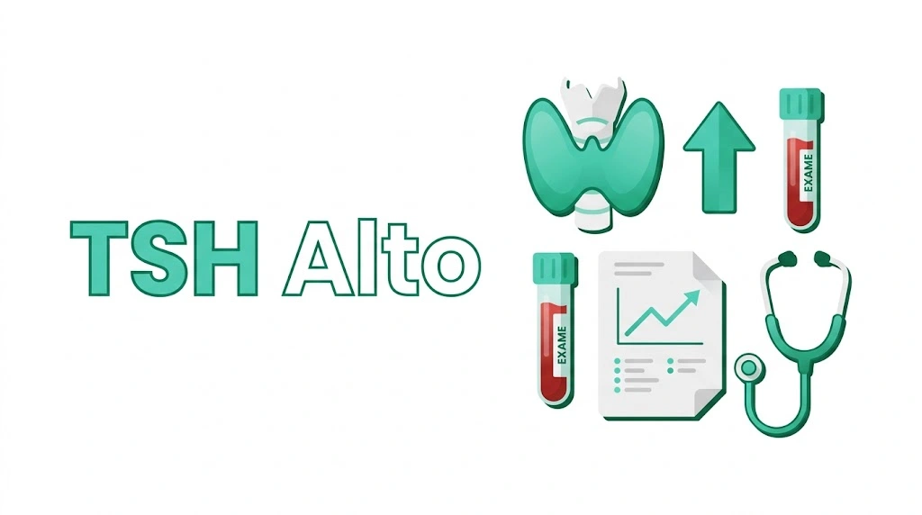 tsh alto ilustração flat com tireoide, laudo de exame e seta para cima