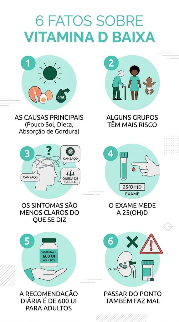 infográfico com 6 fatos sobre vitamina D baixa, causas, exame e dose
