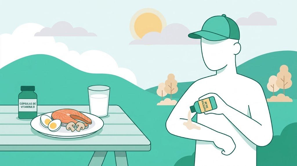 ilustração de pessoa com protetor solar e prato com salmão e ovos contra vitamina D baixa